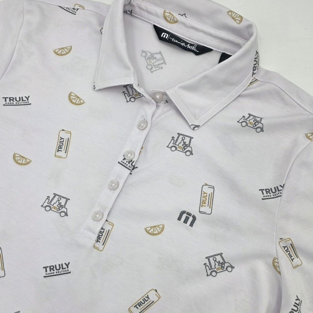 TRAVIS MATHEW TRULY HARD SELTZER GOLF POLO WOMENS LARGE WHITE AOP DRINK COLLAB